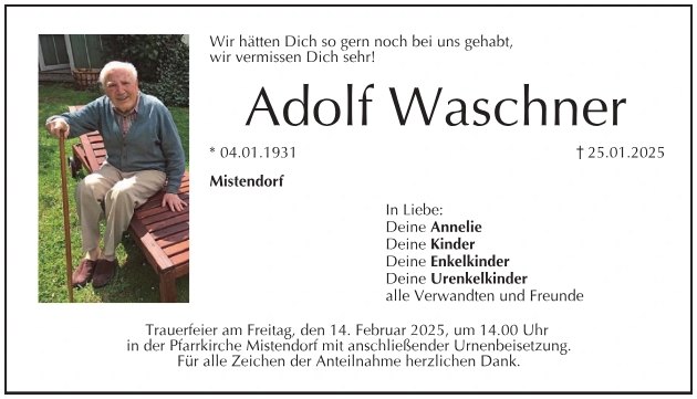 Todesanzeige Adolf Waschner